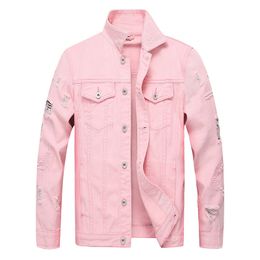 Heren Jackets Men Red Pink Denim Jackets Outerwear Jean Coats Spring Autumn Man's Holes Jackets Men gescheurd Slim Fit Denim Outdoor Jackets 230509