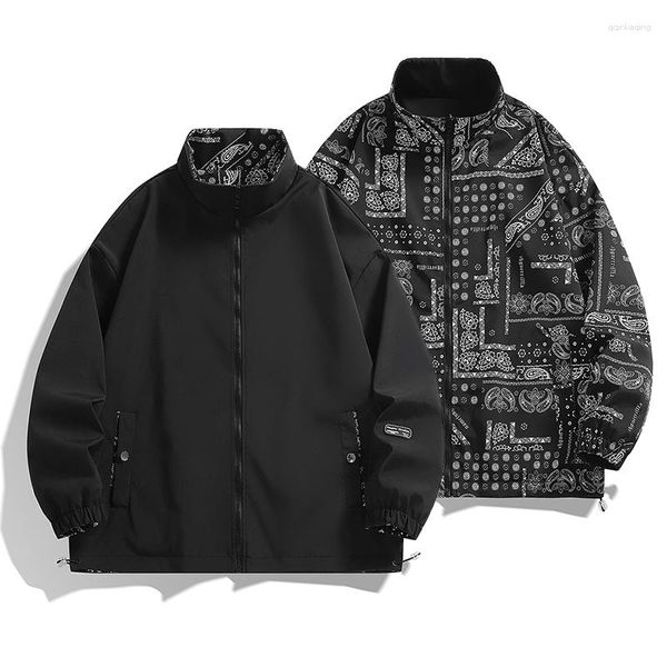 Vestes Homme Bomber Réversible Col Montant Veste Automne Double Face Porter Coupe-Vent Manteau Technique Surdimensionné Fermeture Éclair Streetwear