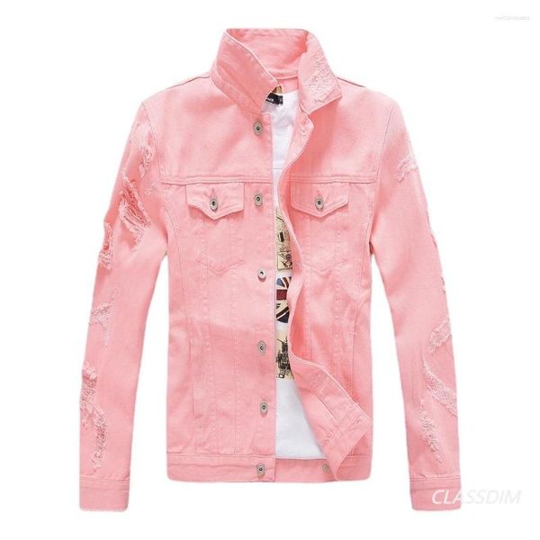 Chaquetas de hombre Hombres Ripped Denim Holes Casual Pink Coats Jeans Moda Hombre Algodón Slim Fit 4XL