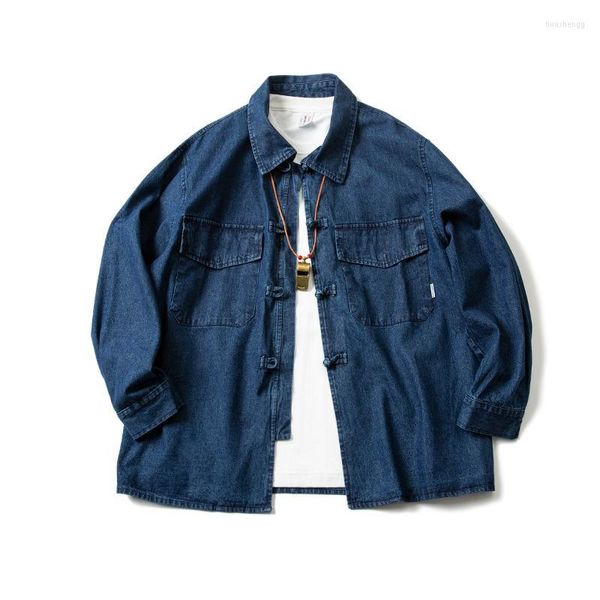 Vestes pour hommes Bouton de style chinois pour hommes Cityboy Silhouette ample Lavé Indigo Chemise à manches longues Manteau Veste décontractée en denim pour hommes