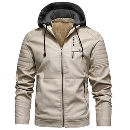 Herenjacks heren fleece voering pu lederen jassen jassen met kap herfst winter casual motorfietsjack voor heren windbreaker motorrijders jassen 230215