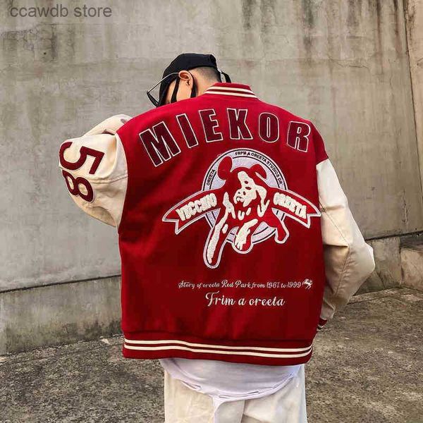 Chaquetas para hombres Chaquetas para hombres Negro Rojo Chaqueta universitaria de gran tamaño Vintage Hombres R Letra Bordado Béisbol Bomber Abrigos Mujeres Hip Hop Streetwear Manga de cuero T231030