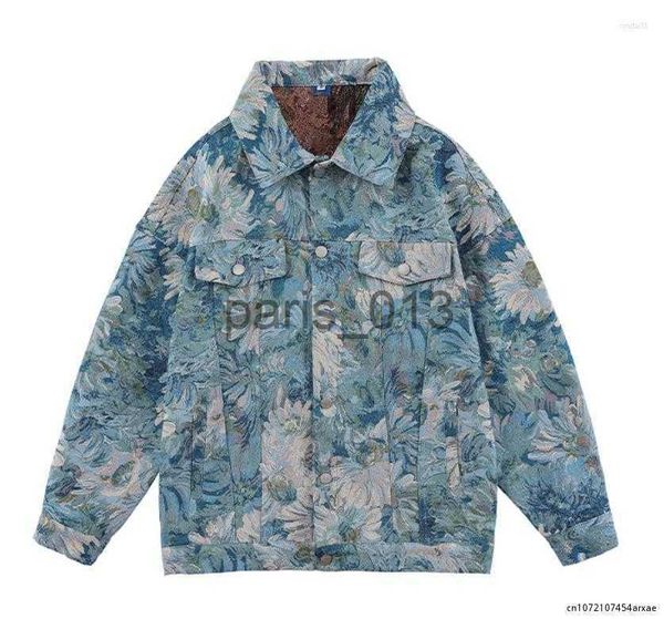 Chaquetas para hombres Chaquetas para hombres Chaqueta vaquera Hip Hop Tejido jacquard Pintura al óleo retro Flores Impresión Denim Ocio Outwear Parejas x0913 x0913