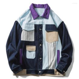 Herenjacks heren Laasbaar jas vintage multi -zakken kleurblok denim patchwork jacekts jassen streetwear hiphop harajuku casual