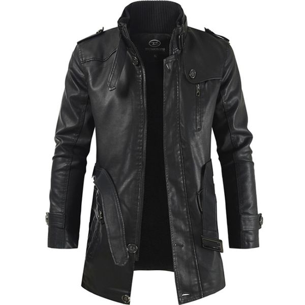 Vestes pour hommes veste en cuir de la longueur masculine avec col de stand-up plus en velours grande taille ceinture chaude et put de vent Jac 230213