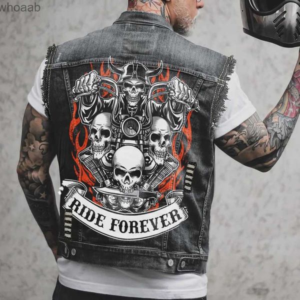 Chaquetas para hombres Motocicleta para hombre Biker Chaleco de mezclilla Cuerno Diablo Cráneo Paseo Estampado Chaqueta sin mangas negra Agujero desgastado Chaleco estilo punk YQ231207