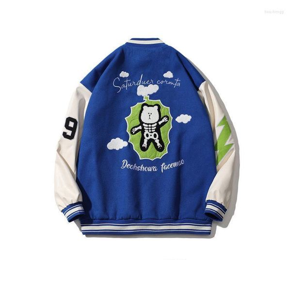 Chaquetas para hombres Primavera para hombres Vintage Hiphop College Letterman Hombres Bordado de dibujos animados Harajuku Azul Varsity Bomber Chaqueta Mujeres Béisbol