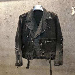 Vestes pour hommes Street Fashion Hommes Veste Rétro Noir Gris Zipper Designer Détruit Punk Ripped Denim Hip Hop Biker Chaqueta