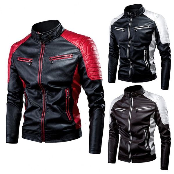 Vestes pour hommes Hiver Men's Fleece PU Veste moto étanche Couleurs de contraste cool étanche Veste en cuir de motard classique Motor d'automne Coat 230812