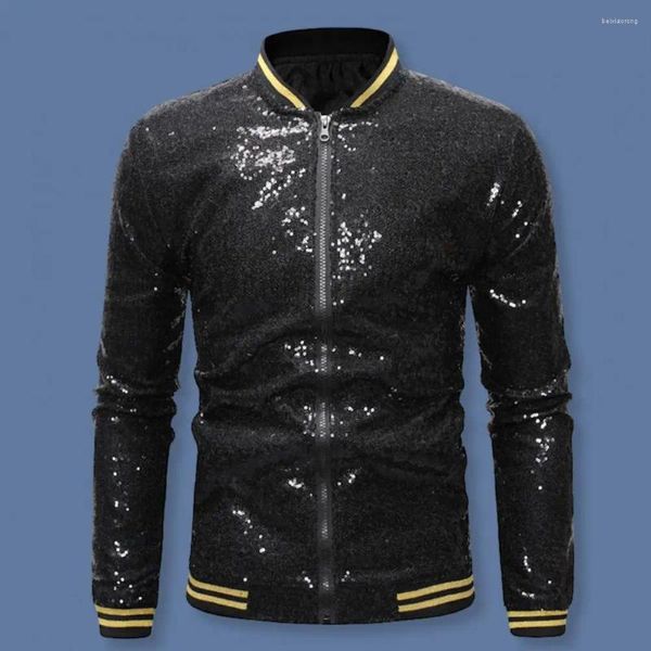 Vestes pour hommes Hommes Veste à paillettes Col montant Brillant Manches longues Fermeture à glissière Cardigan Mi-longueur Spectacle de danse Performance Manteau