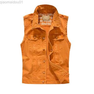 Hommes Vestes Hommes Slim Denim Gilets Vestes Nouvelle Mode Mâle Orange Fit Denim Manteaux Gilets Grande Taille Street Wear Trous Jeans Gilet Taille S-5XL L230721