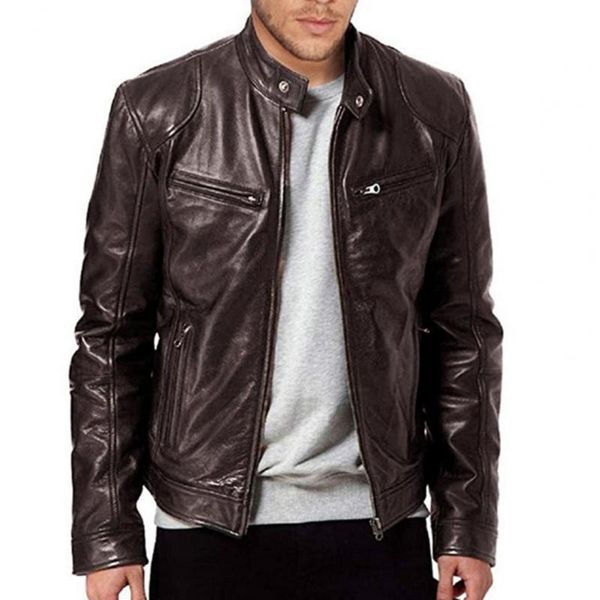 Chaquetas para hombre, chaqueta con cierre de cremallera de Color sólido para hombre, chaqueta de piel sintética con cuello levantado, bolsillos múltiples, rompevientos para motocicleta, ropa de abrigo para hombre