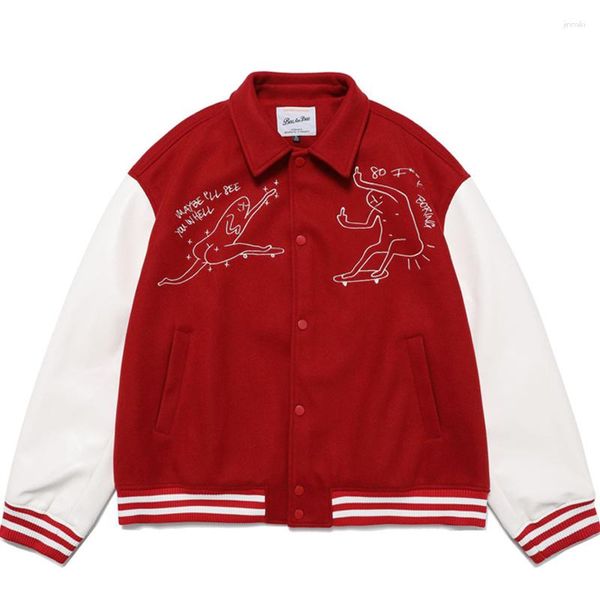 Chaquetas para hombre, chaqueta de béisbol Retro Harajuku japonesa de hip hop con bordado de patrón de parodia para mujer, prendas de vestir de bombardero rojo holgadas para mujer