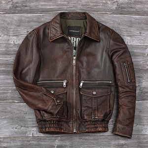 Heren Jackets Men Stone verontruste echte lederen jas Top Layer Cowhide Air Force Flight Jackets Vintage Fashion Redbrown Corium Coat 230822