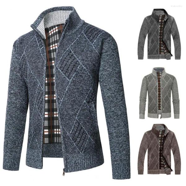 Chaquetas para hombres Hombres Suéter Chaqueta Elegante Impresión geométrica Cardigan Grueso Punto Soporte Cuello Cremallera para Otoño / Invierno