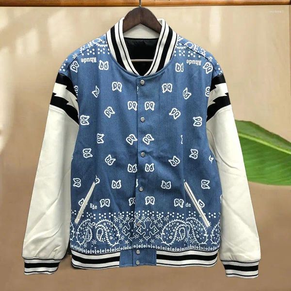 Vestes pour hommes Hommes Tendance Slim Stand Collier Casual Veste Manteau Cashew Fleurs Alphabet Impression Baseball Panneau En Cuir Jean Bleu