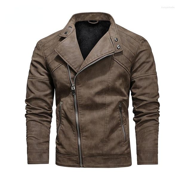 Chaquetas para hombres Hombres Invierno Polar Cálido Diagonal Cremallera Abrigos de motocicleta Moda para hombre Biker PU Slim Abrigo Chaqueta de cuero militar