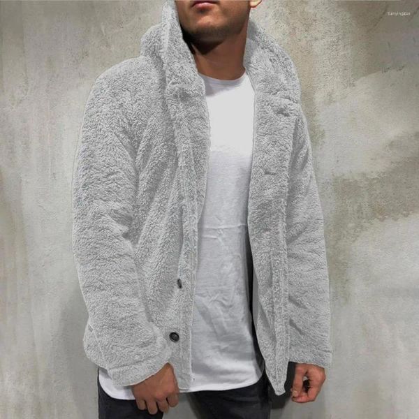 Giubbotti da uomo Cappotto invernale spesso e caldo Tinta unita Chiusura con bottoni Capispalla alla moda Fluffy Fleece Manica lunga con cappuccio