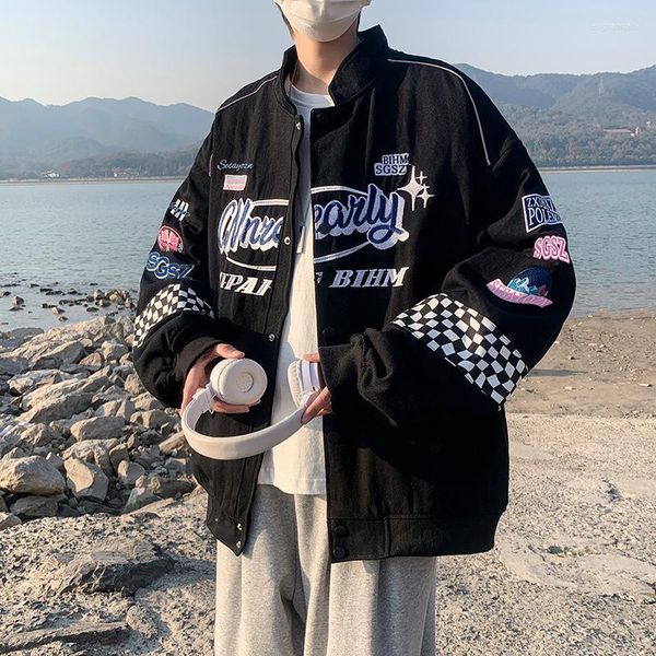 Vestes pour hommes hommes femmes Y2K Hiphop veste Vintage Bomber broderie mode Streetwear Racer Harajuku moto Plaid manteau