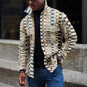 Chaqueta para hombre, ropa de abrigo con estampado Digital a la moda, abrigos abotonados con cuello vuelto de manga larga Vintage para hombre, ropa de calle informal