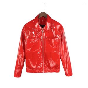 Chaquetas para hombres para hombres de patente brillante de cuero de manga larga moda streetwear macho PVC brillante giro de collar chaqueta de motocicleta fetiche