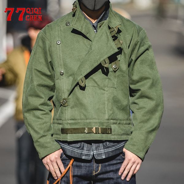 Chaquetas de hombre Chaquetas de bombardero verde para hombre Algodón Bolsillo grande Chaqueta de motocicleta suelta informal Vintage Stand Collar Design Cargo Coat Otoño Primavera 230325