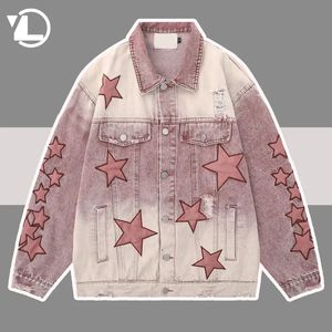 Herenjassen Heren Hiphop Gewassen Denim Jas Patch Sterborduurwerk Damesjas Unisex Bomber Roze Cowboy Uitloper Lente Herfst Straatjassen 231023