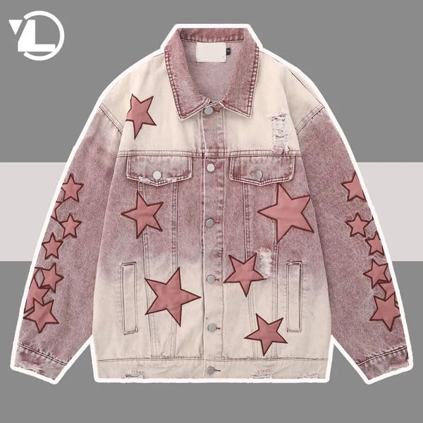 Vestes pour hommes Hommes Hip-Hop Washed Denim Veste Patch Star Broderie Femmes Manteau Unisexe Bomber Rose Cowboy Outwear Printemps Automne Street Jackets 231212