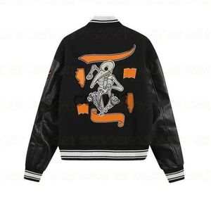 Chaquetas para hombres Chaquetas para hombre Bordado Skull Calcomanía Chaqueta de béisbol Lana Tweed Empalme Manga de cuero para mujer Hip Hop Estilo Outwear Abrigos v3Rb # J230822