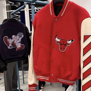 Vestes pour hommes Vestes pour hommes Varsity Jacket OFFS Bulls Basketball Co-branded Baseball Uniforme Brodé Rétro Tendance Veste Manteau h8Va #