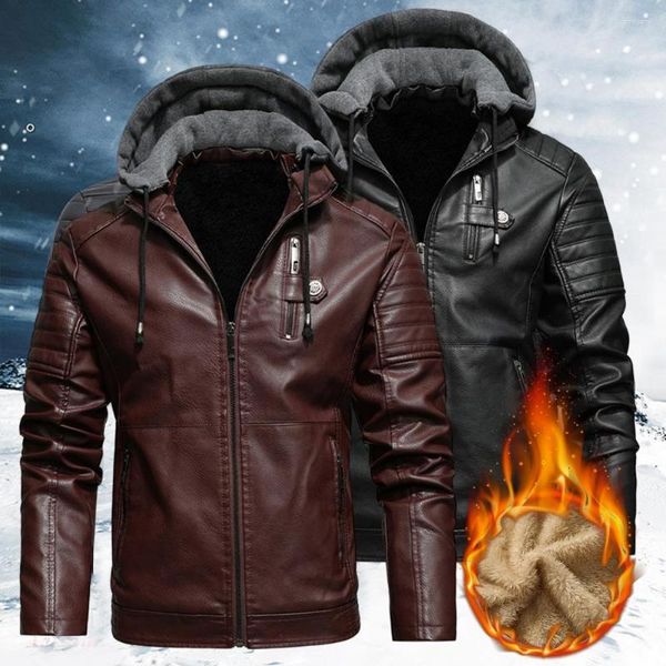 Chaquetas para hombres Chaqueta de cuero para hombre Forro polar con capucha Talla grande Motocicleta Biker Abrigo Otoño Invierno Trabajo Cortavientos