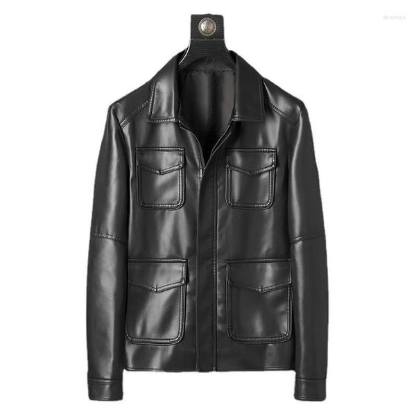 Chaquetas para hombre Chaqueta de cuero PU para hombre Precio al por mayor Otoño Muchos bolsillos Negro Artificial para hombre Tamaño L-4XL