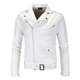 Herenjacks Mens Leather Wit Zwart Casual Rapel Slim Fit Diagonal Zipper Motorfiets PU Jacket Coat Clothing 230217