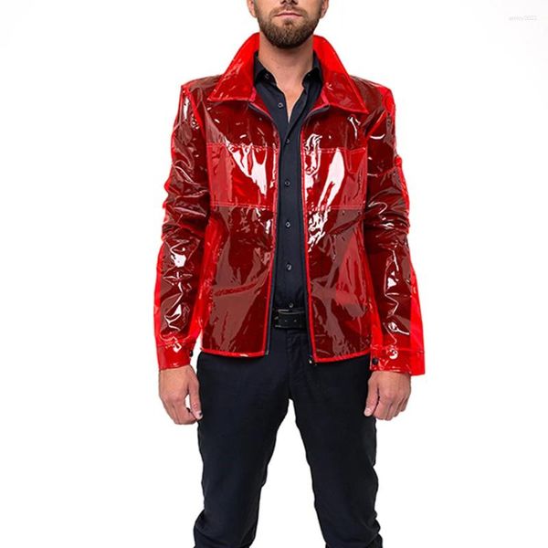 Chaquetas para hombres Mens Turn Down Collar Clrear PVC Punk Abrigos Fetiche Plástico Manga larga Cremallera Sólido Tosp Moda Club Show Moto al aire libre