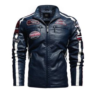 Heren Jassen Heren Vintage Motorjas 2022 Mannen Mode Biker Lederen Mannelijke Borduurwerk Bomber Jas Winter Fleece PU-overjas