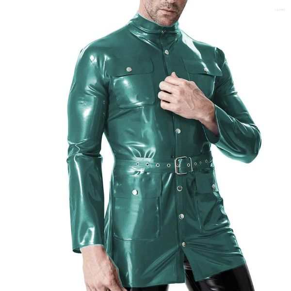 Vestes masculines pour hommes humides pvc veste en cuir fétiche masculine poche à manches longues à manches ceinturées