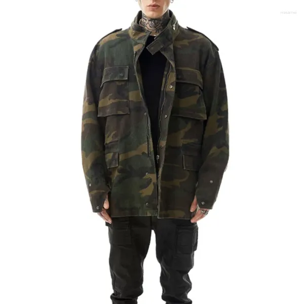 Chaquetas de hombre estilo militar retro lavado desgastado longitud media camuflaje chaqueta abrigo abrigo suelto