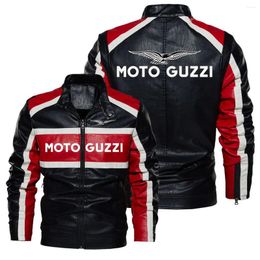 Vestes pour hommes Moto Guzzi Contraste Veste en cuir PU Automne Hiver Hommes Haute Qualité Manteau Style Moto Casual Noir Chaud O