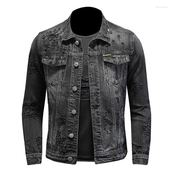 Vestes pour hommes Moto Biker Denim Veste Hip Hop Distressed Hole Manteau Noir Slim Skateboard Streetwear Printemps Automne Mode Outwear