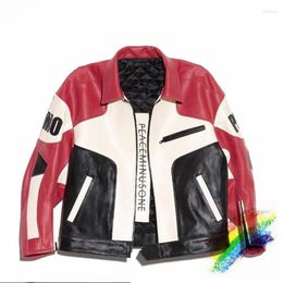 Vestes pour hommes Moto Col debout Oversize Rouge Noir Abricot Patchwork PU Veste de course en cuir pour hommes femmes