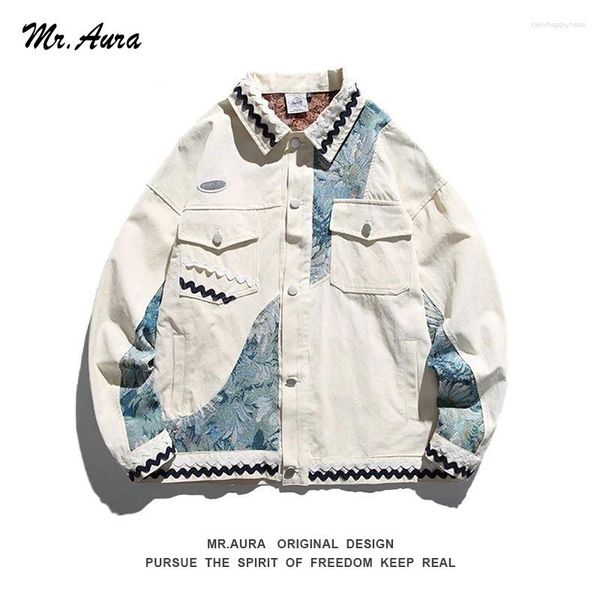 Vestes masculines Mr.aura Spring Autom High End Fashion Trend Vintage Patchwork Denim Jacket Design Senior Texture Texture Broiderie Revers Coat