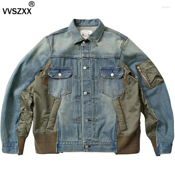 Vestes pour hommes multi-matériaux épissage déconstruction en veste en denim en vrac pour hommes stéréoscopique jeans patchwork manteau mâle