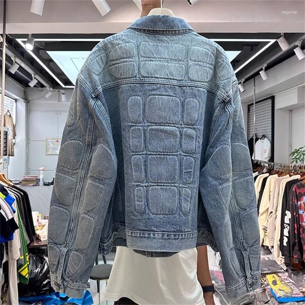 Chaquetas de hombre, bolso de boca múltiple, patrón de espalda de tortuga, chaqueta vaquera de motocicleta para hombre y mujer, abrigos dañados lavados informales sueltos de peso pesado