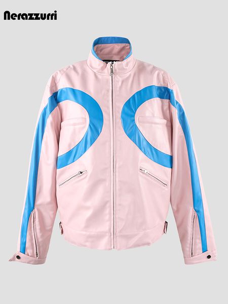 Jackets para hombres NerazzurriRi Pink y azul Block Pu Chaqueta de cuero PU Men Zip Up Up Luxury Designer Robway Fashion European 230816