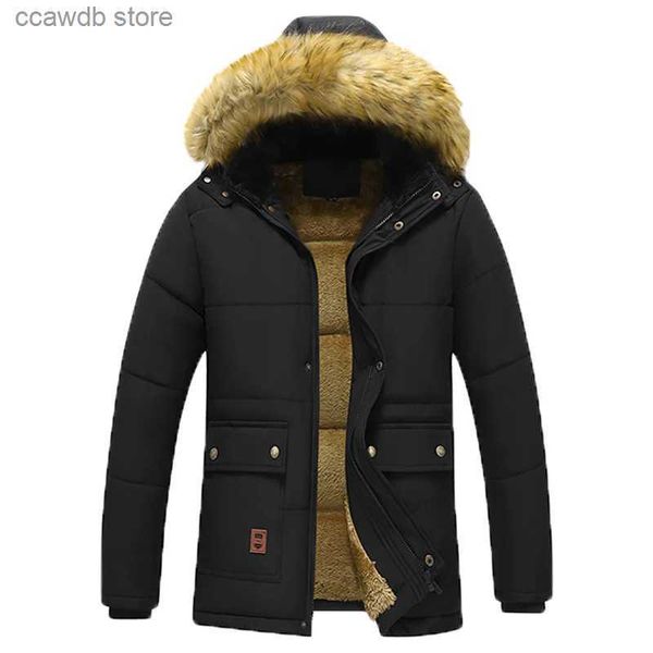 Chaquetas para hombres Nuevos hombres casuales Parka de invierno Forrado con forro polar Grueso Cálido Abrigo con cuello de piel con capucha Tamaño masculino 5XL Chaqueta de felpa Trabajo Outwearing Negro T240109