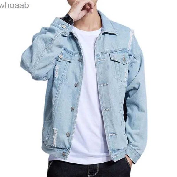 Chaquetas para hombres Nueva moda Hole Denim Jakets Hombres Slim Cotton Jean Prendas de abrigo para hombre Causal Streetwear Coat Tun Down Collar Retro Denim Chaquetas Hombre YQ231207