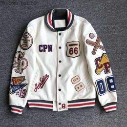 Herenjacks New Men's Explosive Style Multi letter Embroidery White Baseball Jersey Baseball Jersey Vintage Leather Jacket Heavy Industrial T230804