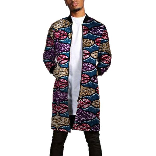 Chaquetas para hombres Moda nigeriana Chaqueta larga Estampado africano Clásico Soporte Cuello Cremallera Abrigo Casual OutwearMen's