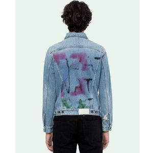 Herenjassen Off Designer Denim Jas Handgeschilderde Graffiti Pijl Hemelsblauw Denims Jas Modemerk Ow Mannen Vrouwen Lange Mouwen