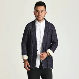 Vestes pour hommes Oriental Hommes Bleu Lin Tunique Manteau Simple Boutonnage Confortable Confort Tenues Kungfu Vêtements D'extérieur Mâle Zen Méditation Style Vêtements